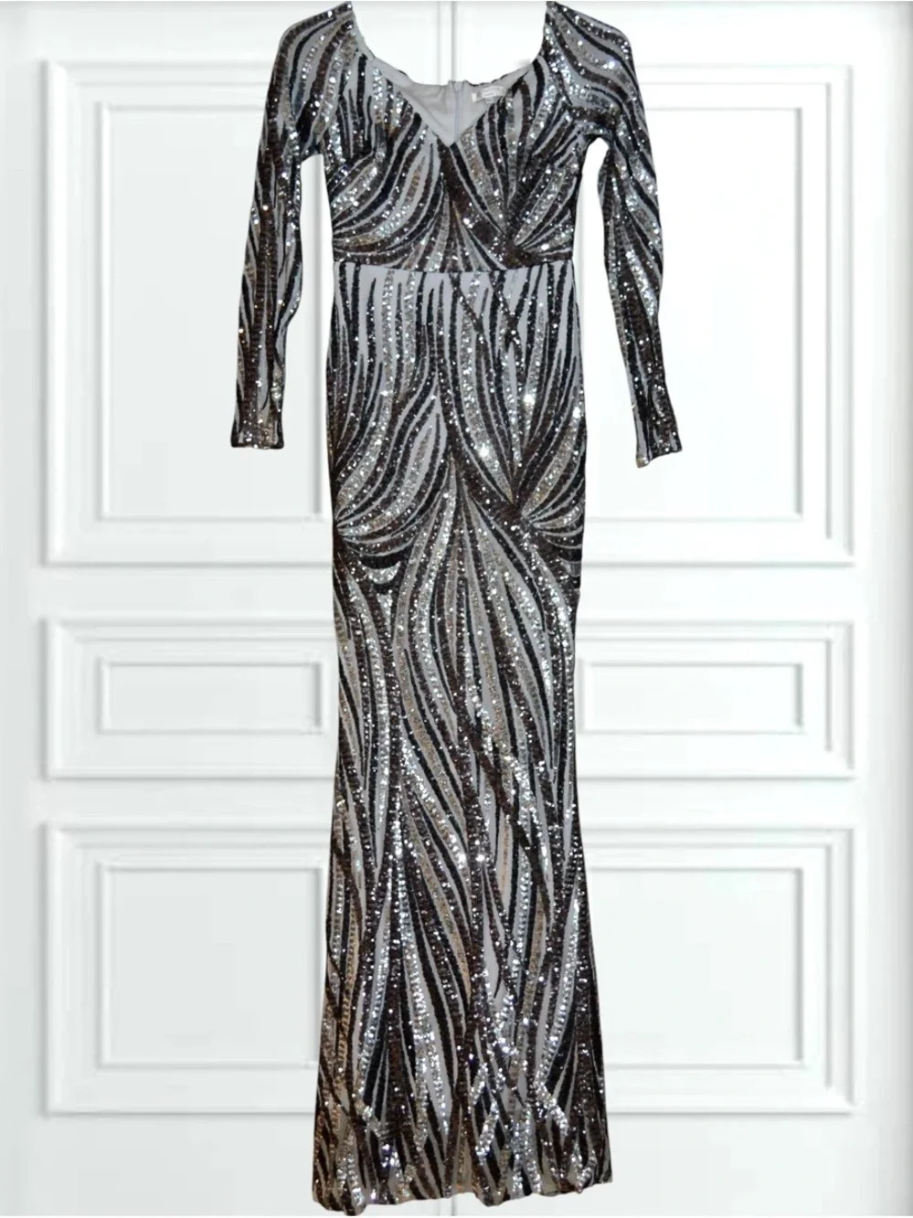 Plus Size Black & Silver Sequin Long Sleeve Evening Gown